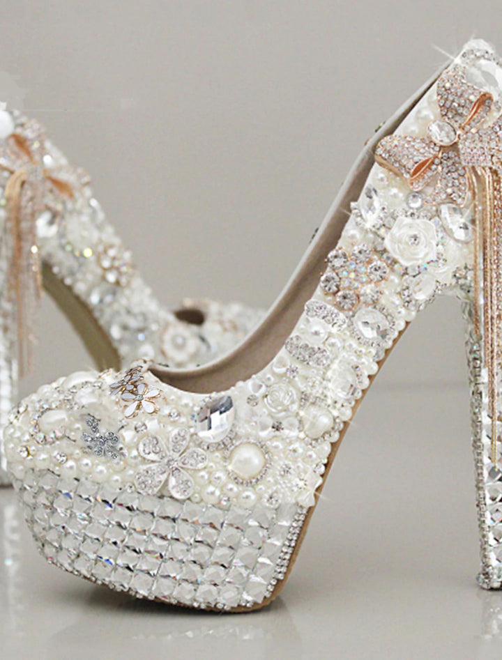 Women's Wedding Shoes Rhinestone Crystal Imitation Pearl Bowknot Tassel Stiletto High Heel Platform Closed Toe Bridal Shoes