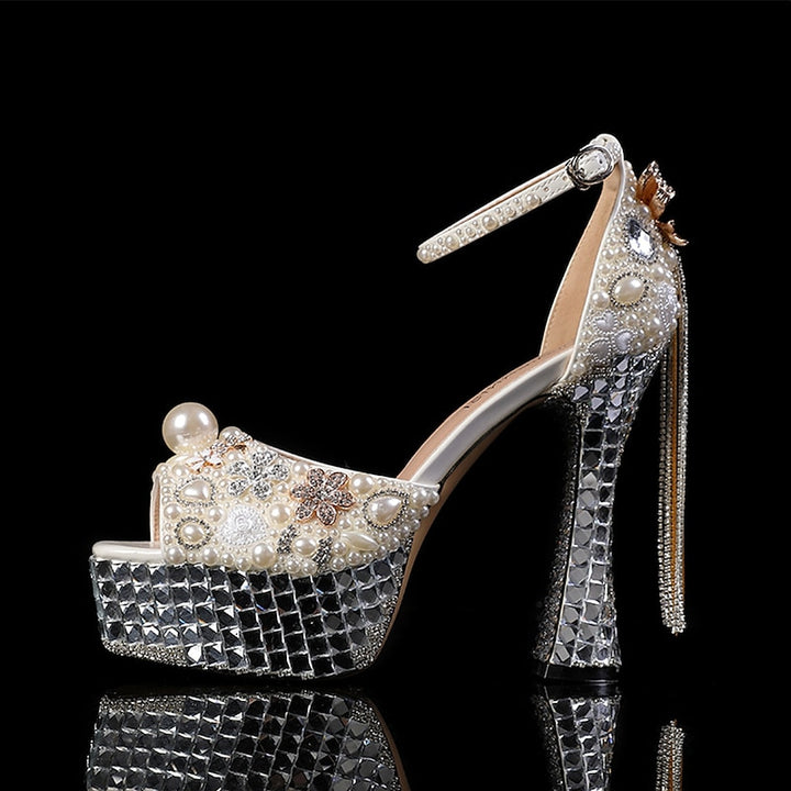Women's Wedding Shoes Rhinestone Crystal Imitation Pearl Bowknot Tassel Stiletto High Heel Platform Closed Toe Bridal Shoes