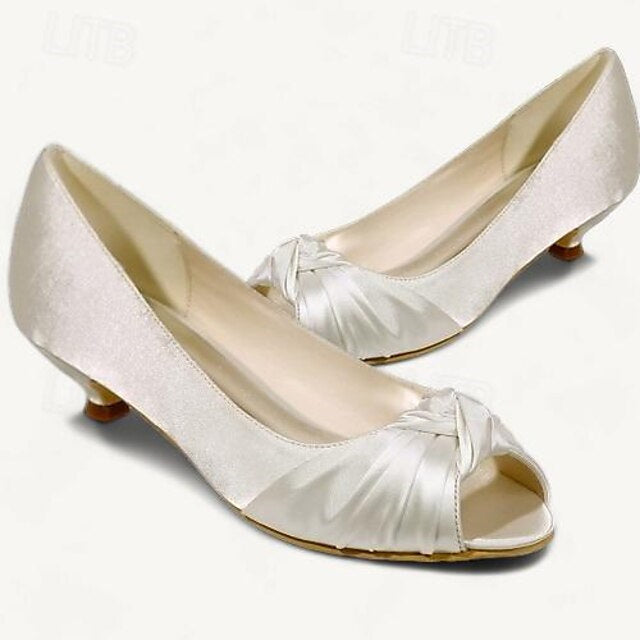 Women's Wedding Shoes Pumps Flats Bowknot Low Heel Peep Toe Bridal Shoes