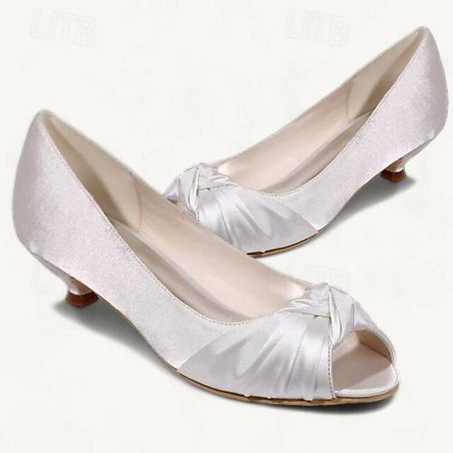 Women's Wedding Shoes Pumps Flats Bowknot Low Heel Peep Toe Bridal Shoes