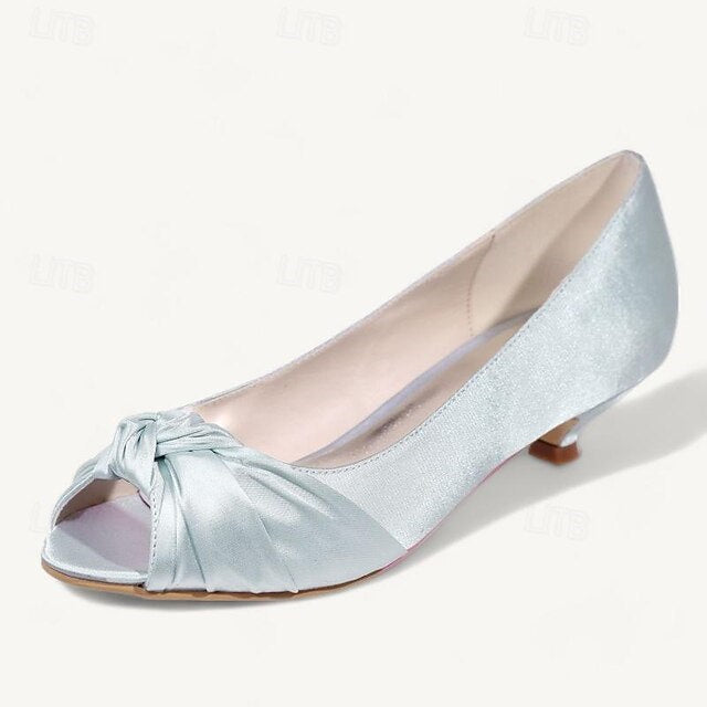 Women's Wedding Shoes Pumps Flats Bowknot Low Heel Peep Toe Bridal Shoes