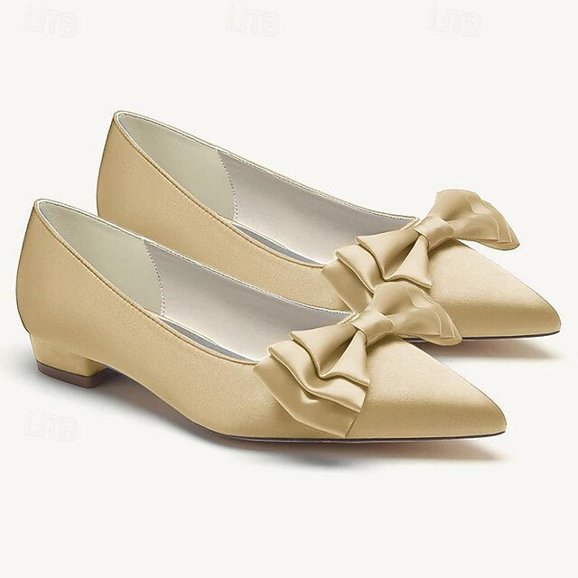 Women's Wedding Shoes Flats Dress Shoes Bowknot Low Heel Pointed Toe Bridal Shoes