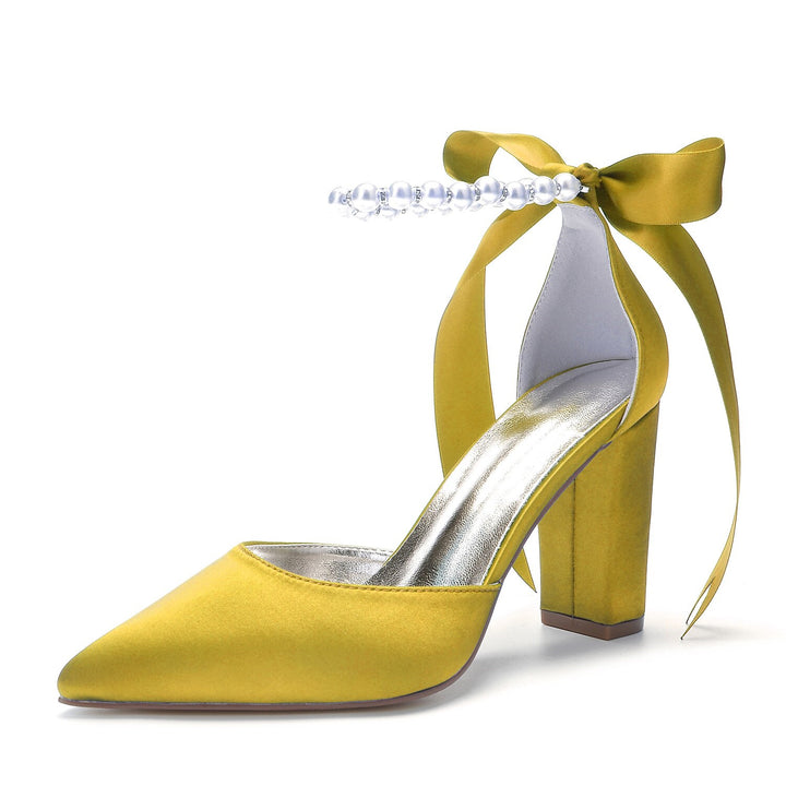 Women's Wedding Shoes Rhinestone Chunky Heel Pointed Toe Minimalism Satin Lace-up Bridal Shoes