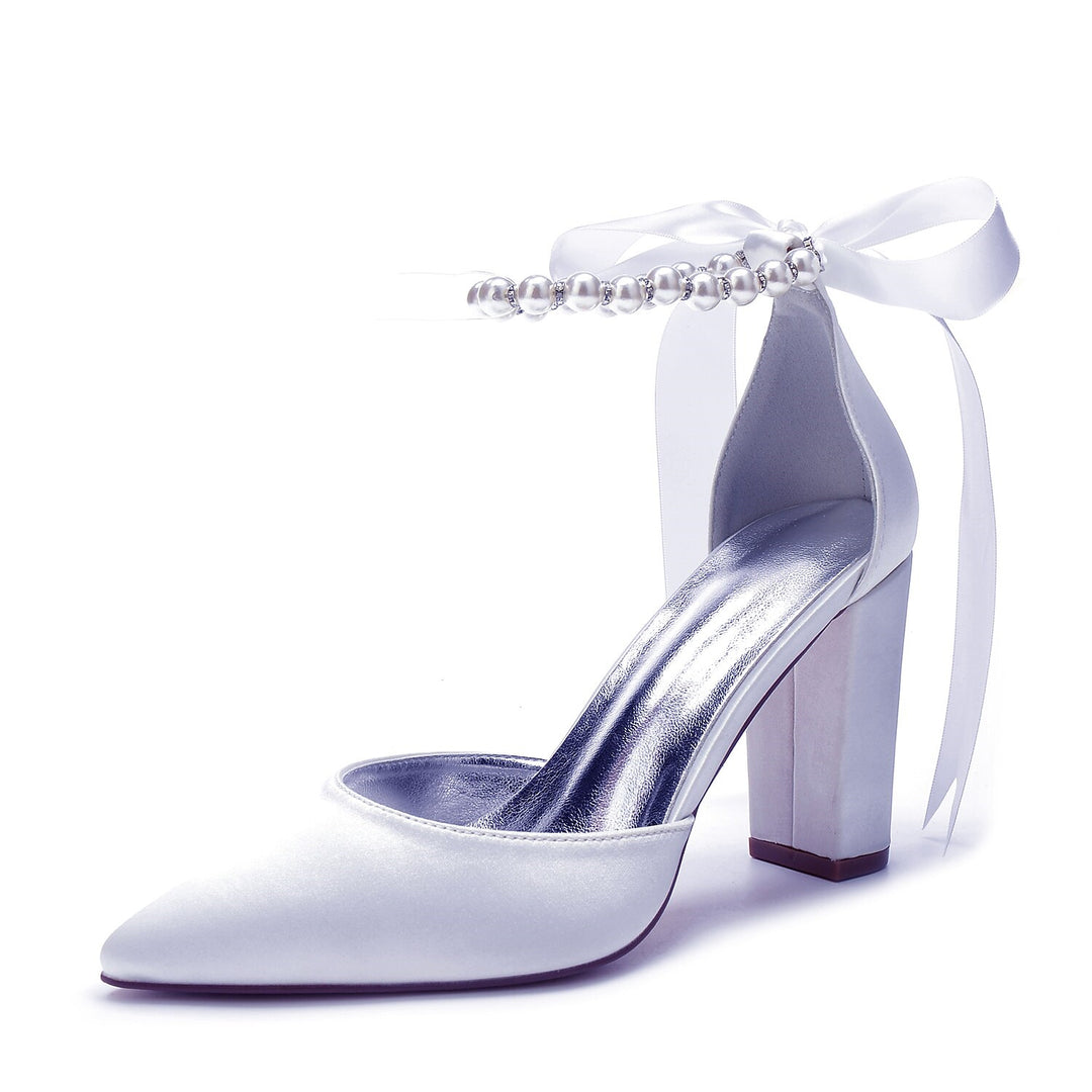 Women's Wedding Shoes Rhinestone Chunky Heel Pointed Toe Minimalism Satin Lace-up Bridal Shoes