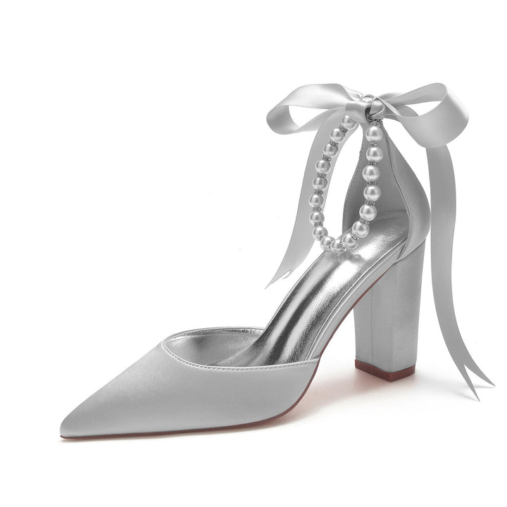 Women's Wedding Shoes Rhinestone Chunky Heel Pointed Toe Minimalism Satin Lace-up Bridal Shoes