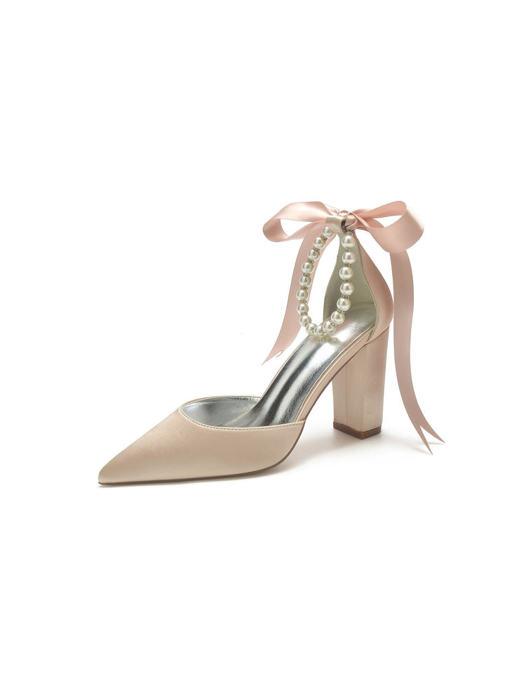 Women's Wedding Shoes Rhinestone Chunky Heel Pointed Toe Minimalism Satin Lace-up Bridal Shoes