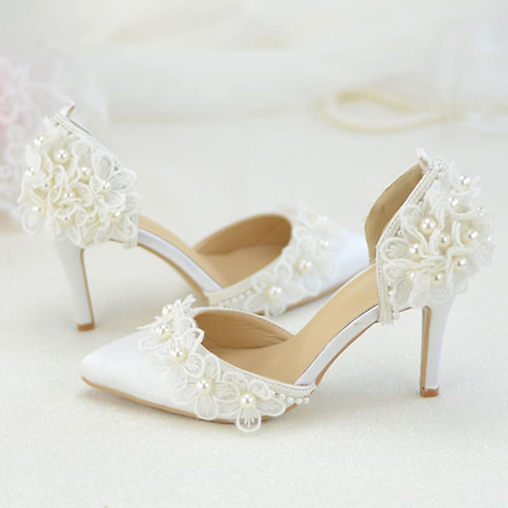 Women's Wedding Shoes Lace Flower Imitation Pearl Stiletto Heel Closed Toe Minimalism Satin Lace-up Bridal Shoes