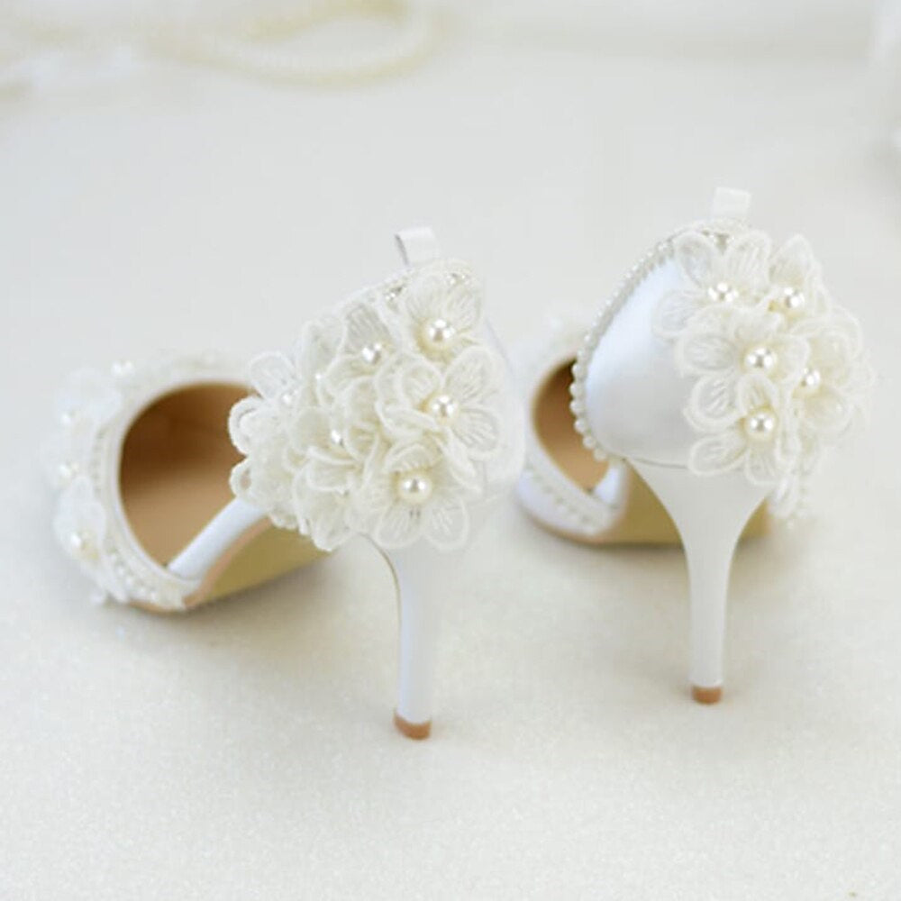 Women's Wedding Shoes Lace Flower Imitation Pearl Stiletto Heel Closed Toe Minimalism Satin Lace-up Bridal Shoes