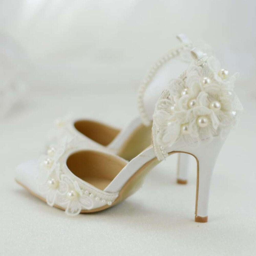 Women's Wedding Shoes Lace Flower Imitation Pearl Stiletto Heel Closed Toe Minimalism Satin Lace-up Bridal Shoes
