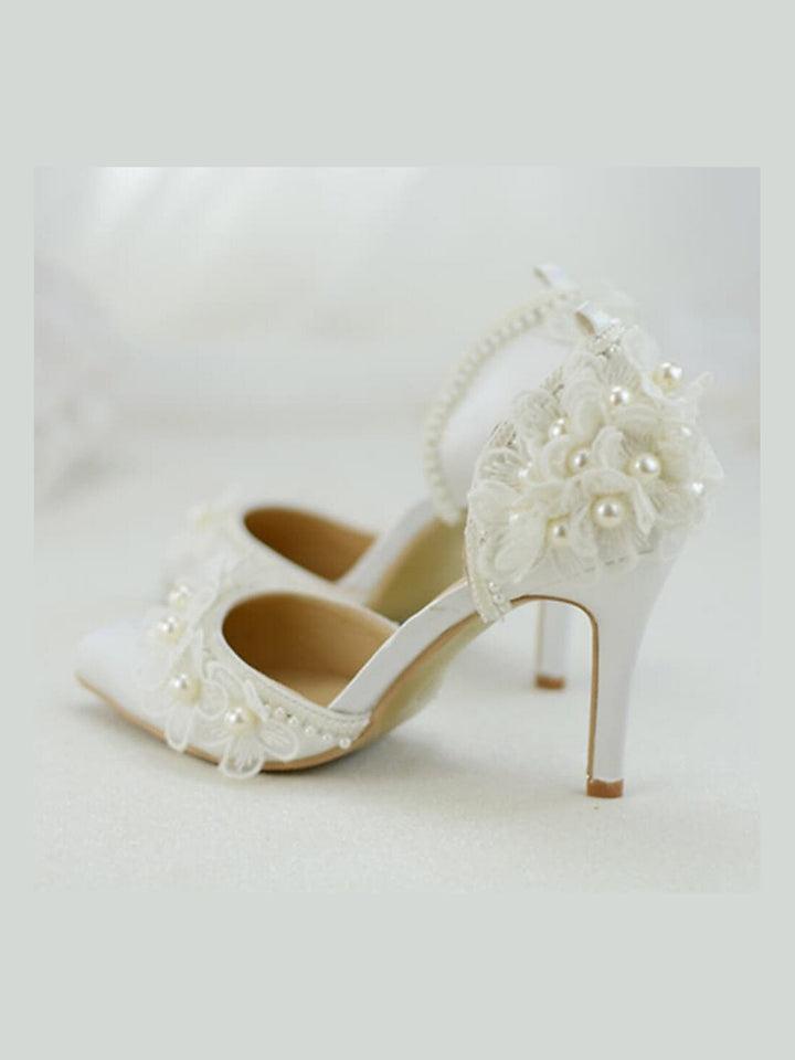 Women's Wedding Shoes Lace Flower Imitation Pearl Stiletto Heel Closed Toe Minimalism Satin Lace-up Bridal Shoes