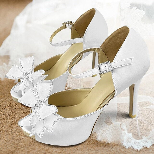Women's Wedding Shoes Bowknot Stiletto Peep Toe Ankle Strap Bridal Shoes