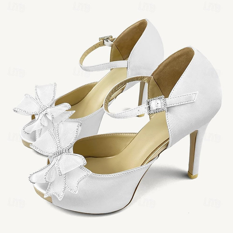 Women's Wedding Shoes Bowknot Stiletto Peep Toe Ankle Strap Bridal Shoes