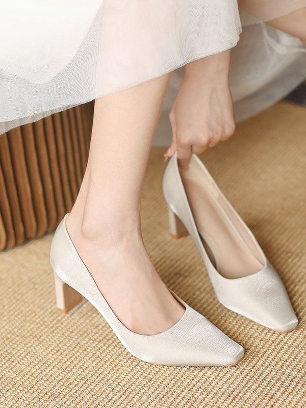 Women's Wedding Shoe lock Heel Pointed Toe Minimalism Satin Loafer Bridal Shoes