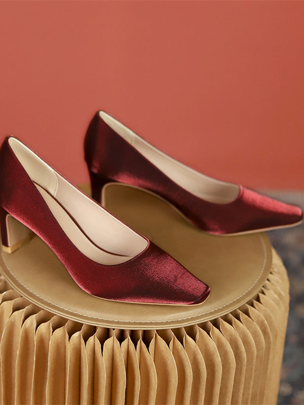 Women's Wedding Shoe lock Heel Pointed Toe Minimalism Satin Loafer Bridal Shoes
