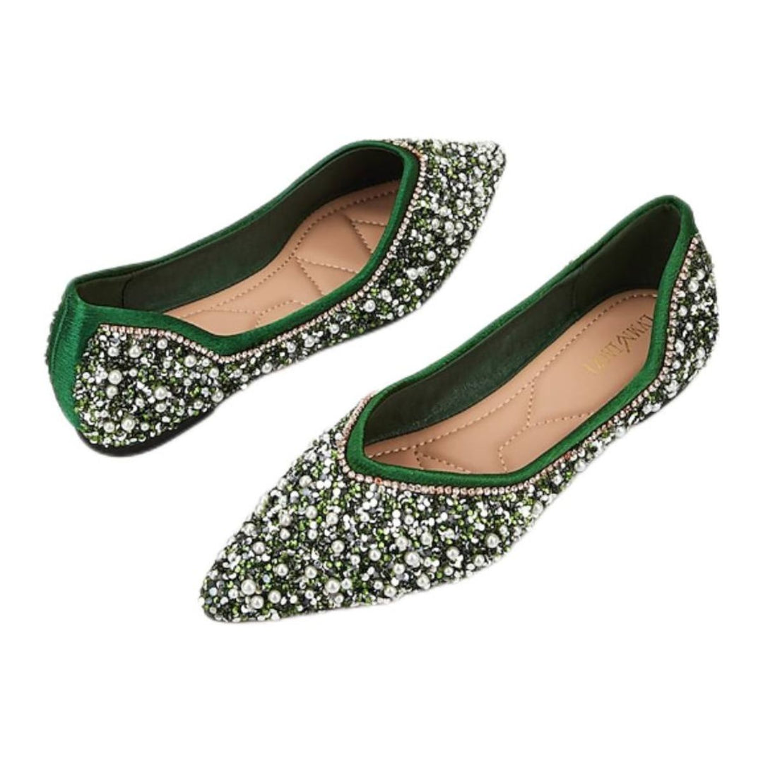 Women's Wedding Shoes Green Pointed Toe Flat Heel Bridal Shoes with Pearls