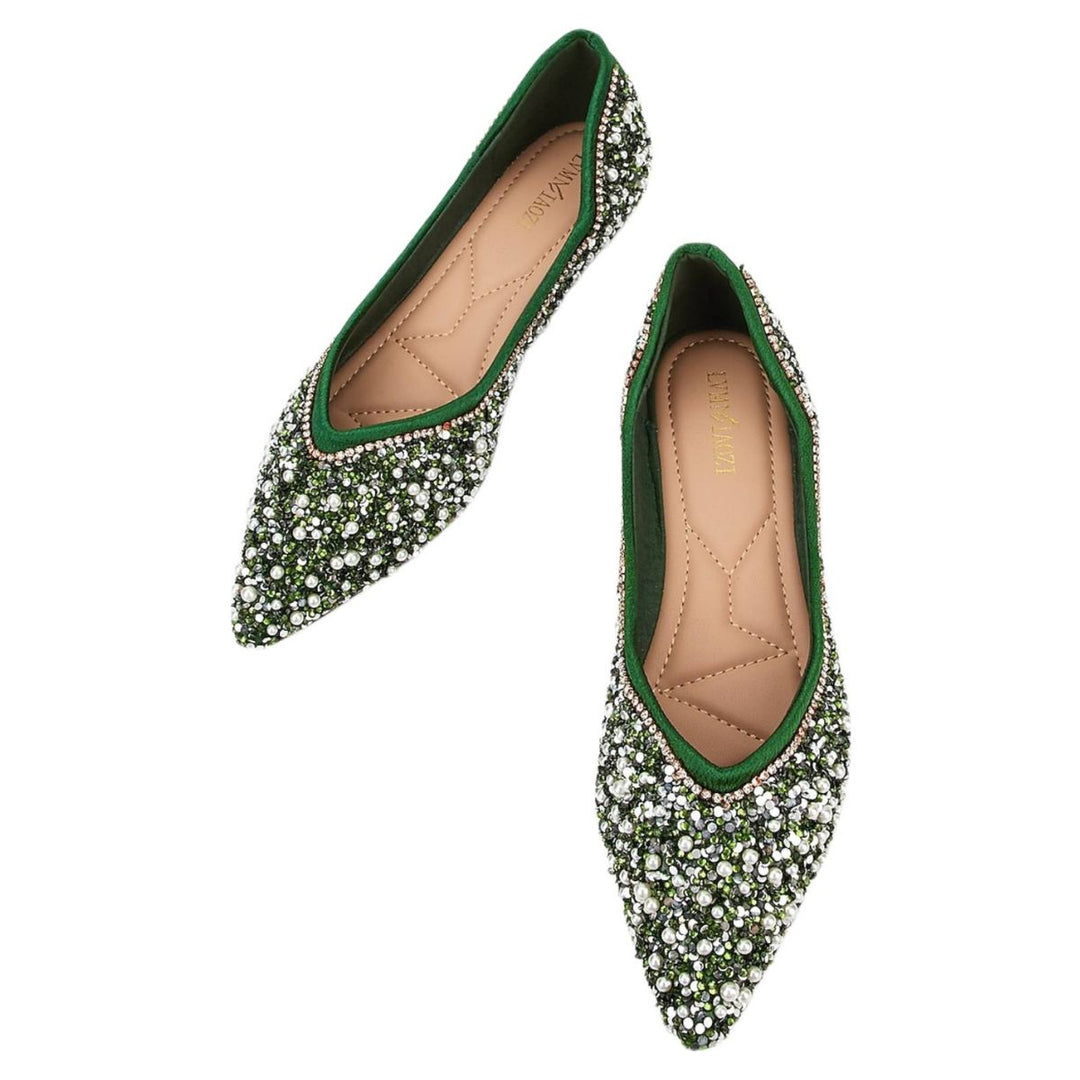 Women's Wedding Shoes Green Pointed Toe Flat Heel Bridal Shoes with Pearls