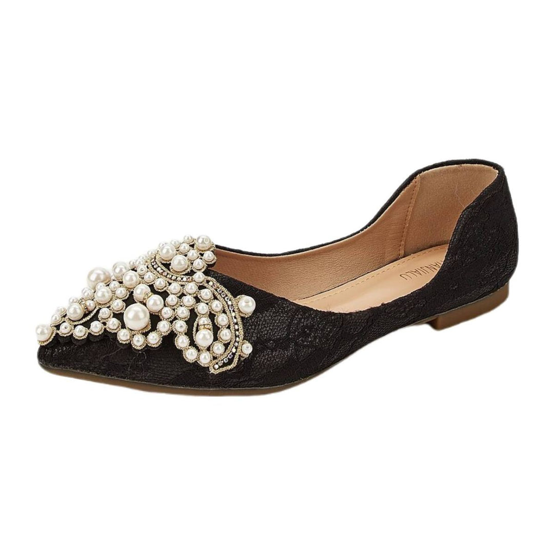 Women's Wedding Shoes Black Pointed Toe Lace Flat Heel Bridal Shoes with Pearls