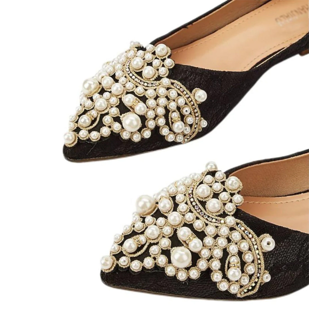 Women's Wedding Shoes Black Pointed Toe Lace Flat Heel Bridal Shoes with Pearls