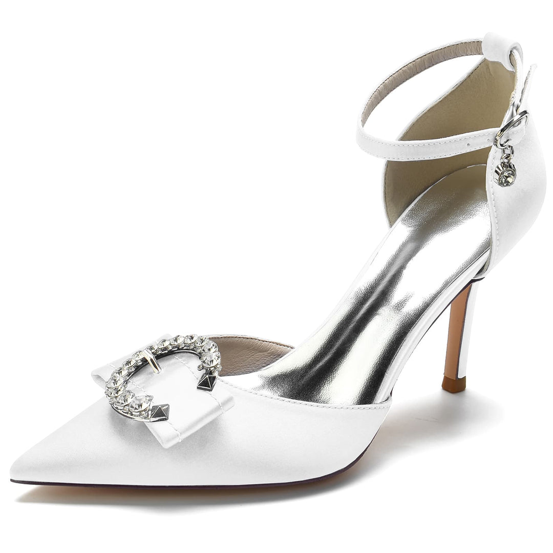 Women's Wedding Shoes High Heel Pointed Toe Buckle Bridal Shoes with Rhinestones & Knot