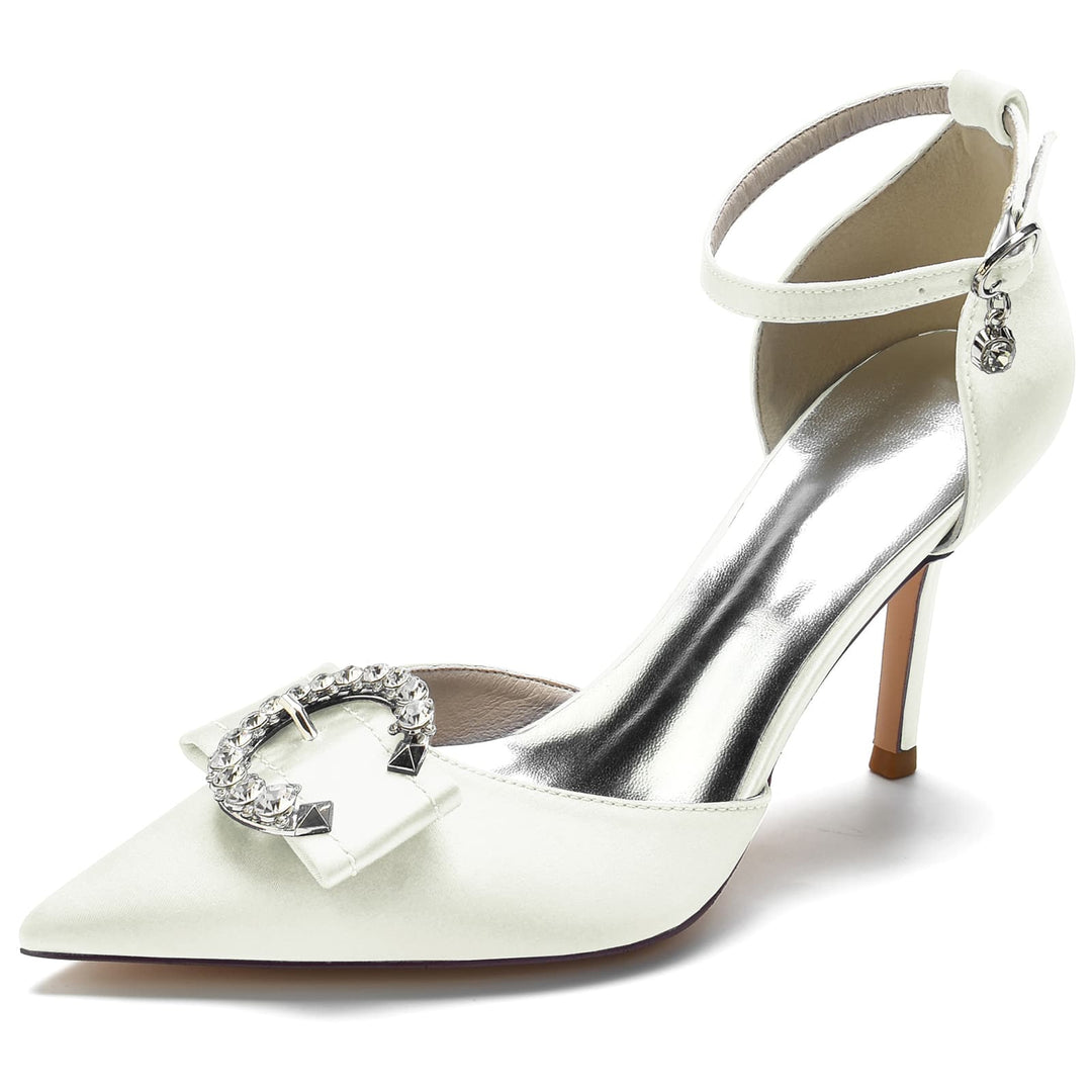 Women's Wedding Shoes High Heel Pointed Toe Buckle Bridal Shoes with Rhinestones & Knot