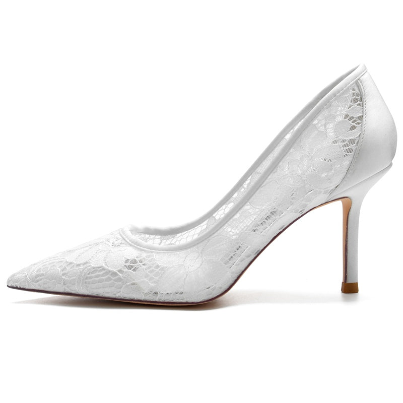 Women's Wedding Shoes Pointed Toe High Heel Simple Bridal Shoes with Lace Appliques