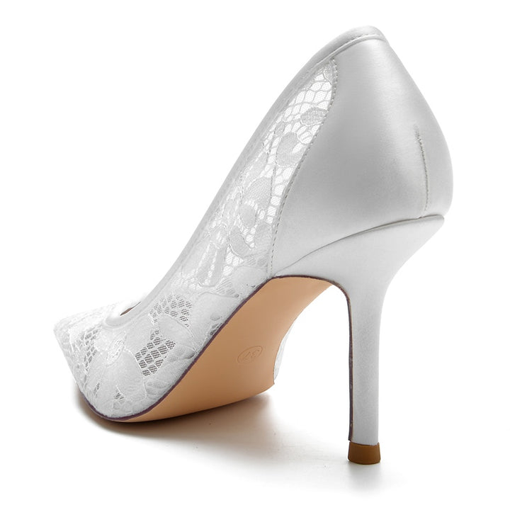 Women's Wedding Shoes Pointed Toe High Heel Simple Bridal Shoes with Lace Appliques