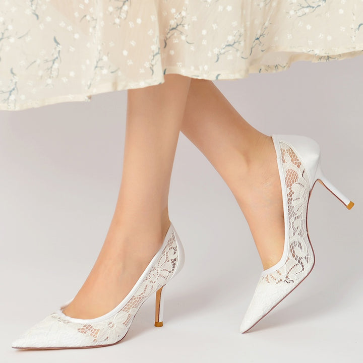 Women's Wedding Shoes Pointed Toe High Heel Simple Bridal Shoes with Lace Appliques