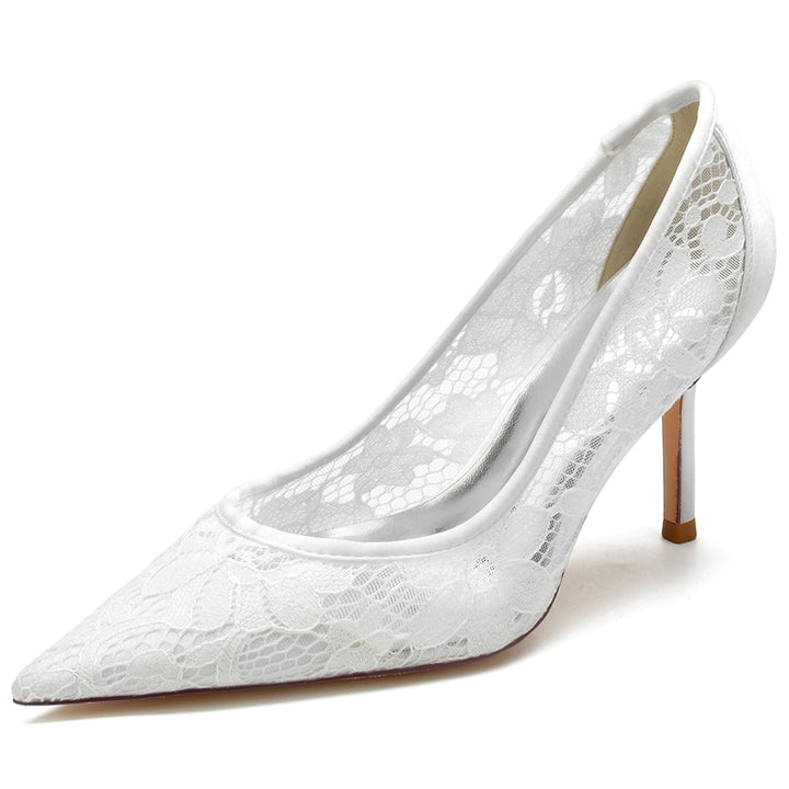 Women's Wedding Shoes Pointed Toe High Heel Simple Bridal Shoes with Lace Appliques