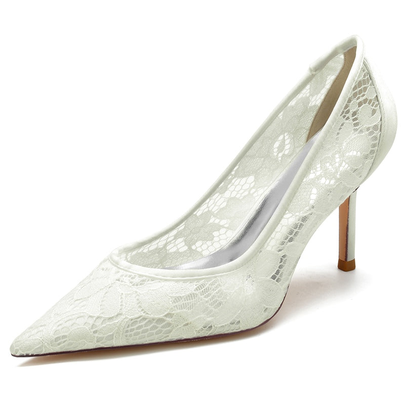 Women's Wedding Shoes Pointed Toe High Heel Simple Bridal Shoes with Lace Appliques