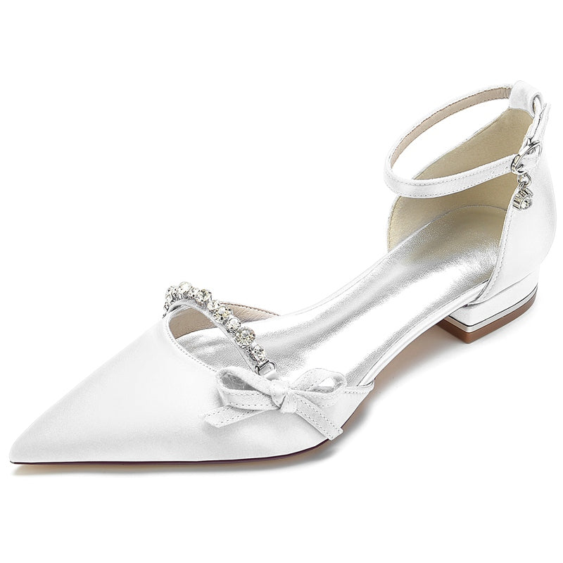 Women's Wedding Shoes Pointed Toe Low Heel High-End Crystal Bridal Shoes with Mini Bow