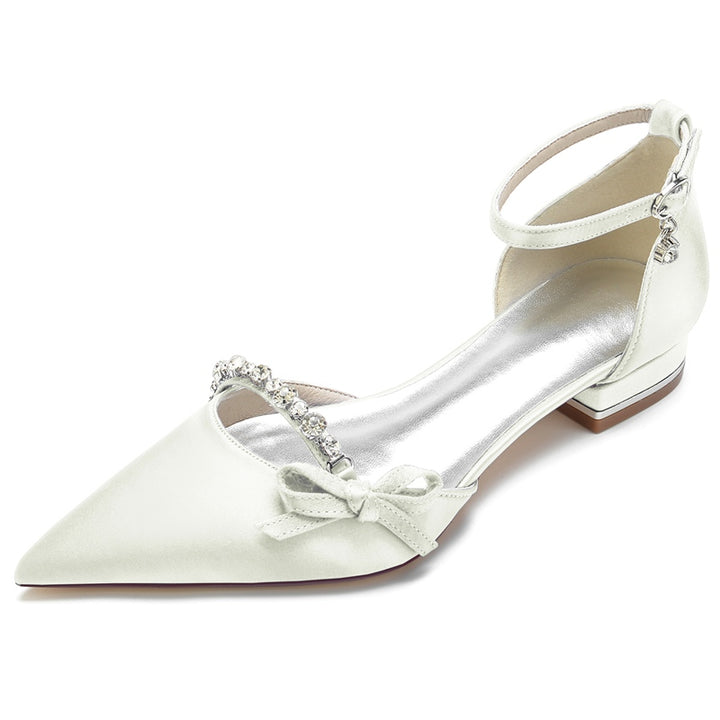 Women's Wedding Shoes Pointed Toe Low Heel High-End Crystal Bridal Shoes with Mini Bow