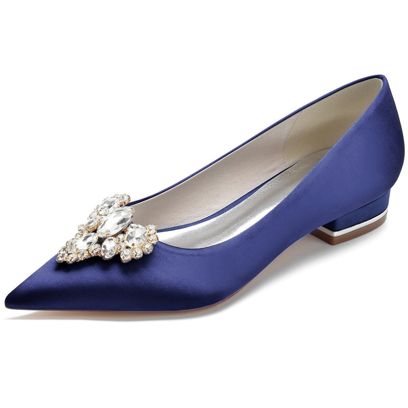 Women's Wedding Shoes Royal Blue Pointed Toe Low Heel Bridal Shoes with Rhinestone