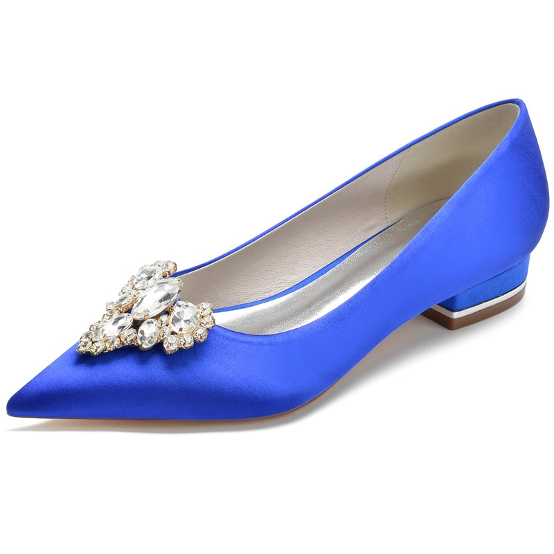 Women's Wedding Shoes Royal Blue Pointed Toe Low Heel Bridal Shoes with Rhinestone