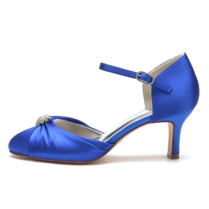 Women's Wedding Shoes Closed Toe Mid Heel Buckle Bridal Shoes with Rhinestone & Ruffles