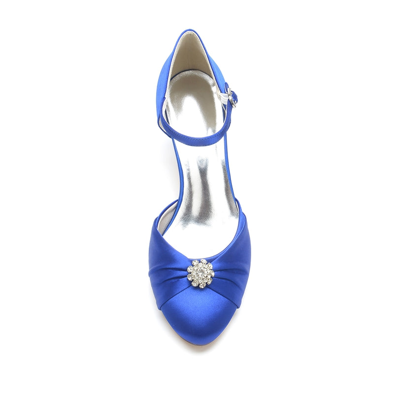 Women's Wedding Shoes Closed Toe Mid Heel Buckle Bridal Shoes with Rhinestone & Ruffles