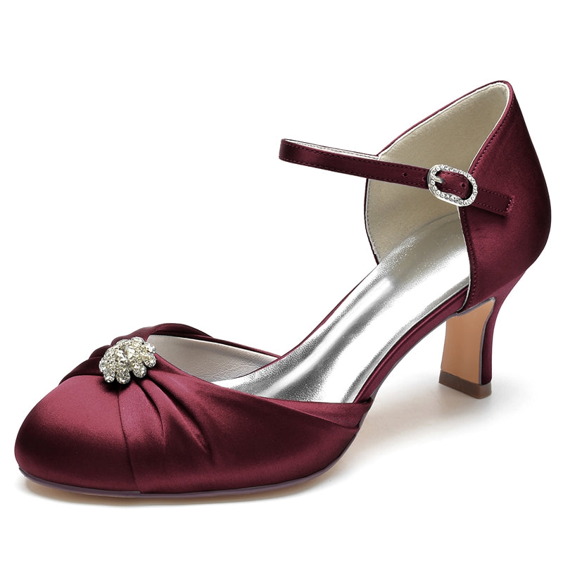 Women's Wedding Shoes Closed Toe Mid Heel Buckle Bridal Shoes with Rhinestone & Ruffles