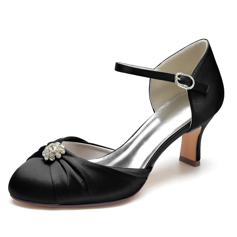 Women's Wedding Shoes Closed Toe Mid Heel Buckle Bridal Shoes with Rhinestone & Ruffles