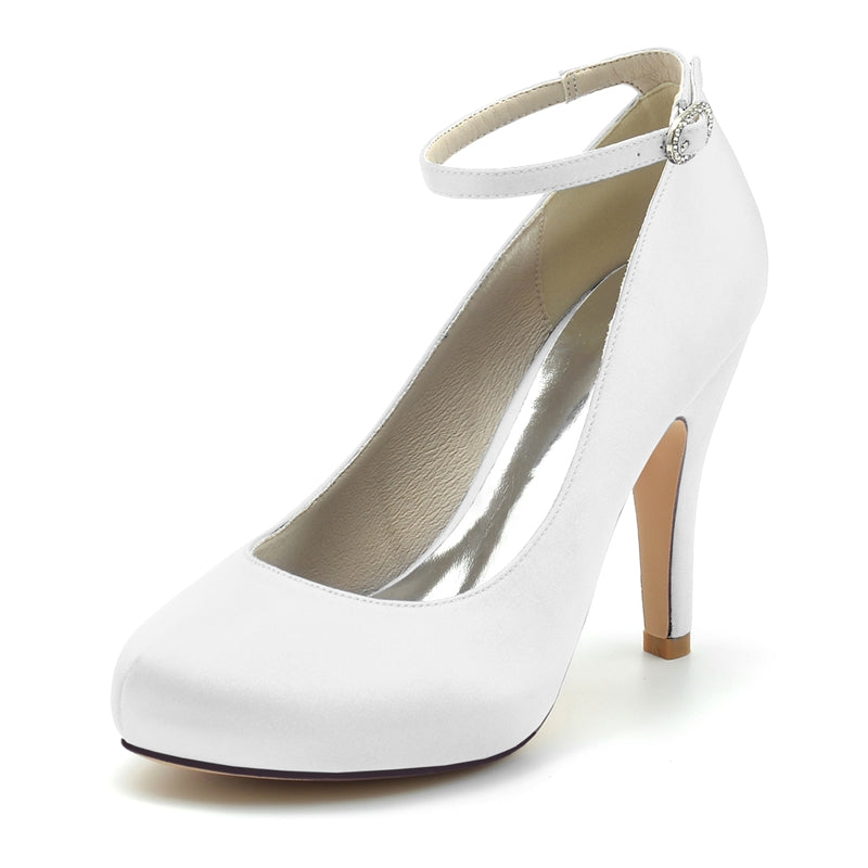 Women's Wedding Shoes Retro Closed Round Toe High Heel Buckle Bridal Shoes