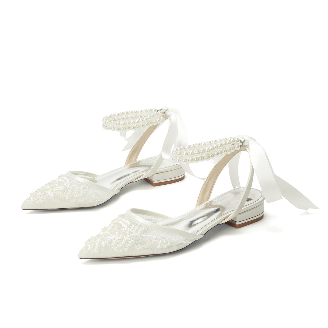 Women's Wedding Shoes Closed Toe Flat Heel High-End Buckle Bridal Shoes Beading with Pearl