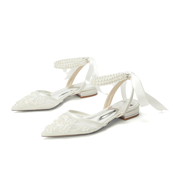 Women's Wedding Shoes Closed Toe Flat Heel High-End Buckle Bridal Shoes Beading with Pearl