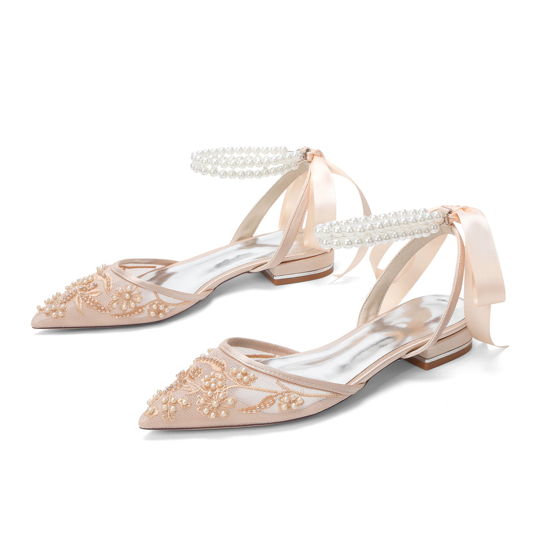 Women's Wedding Shoes Closed Toe Flat Heel High-End Buckle Bridal Shoes Beading with Pearl