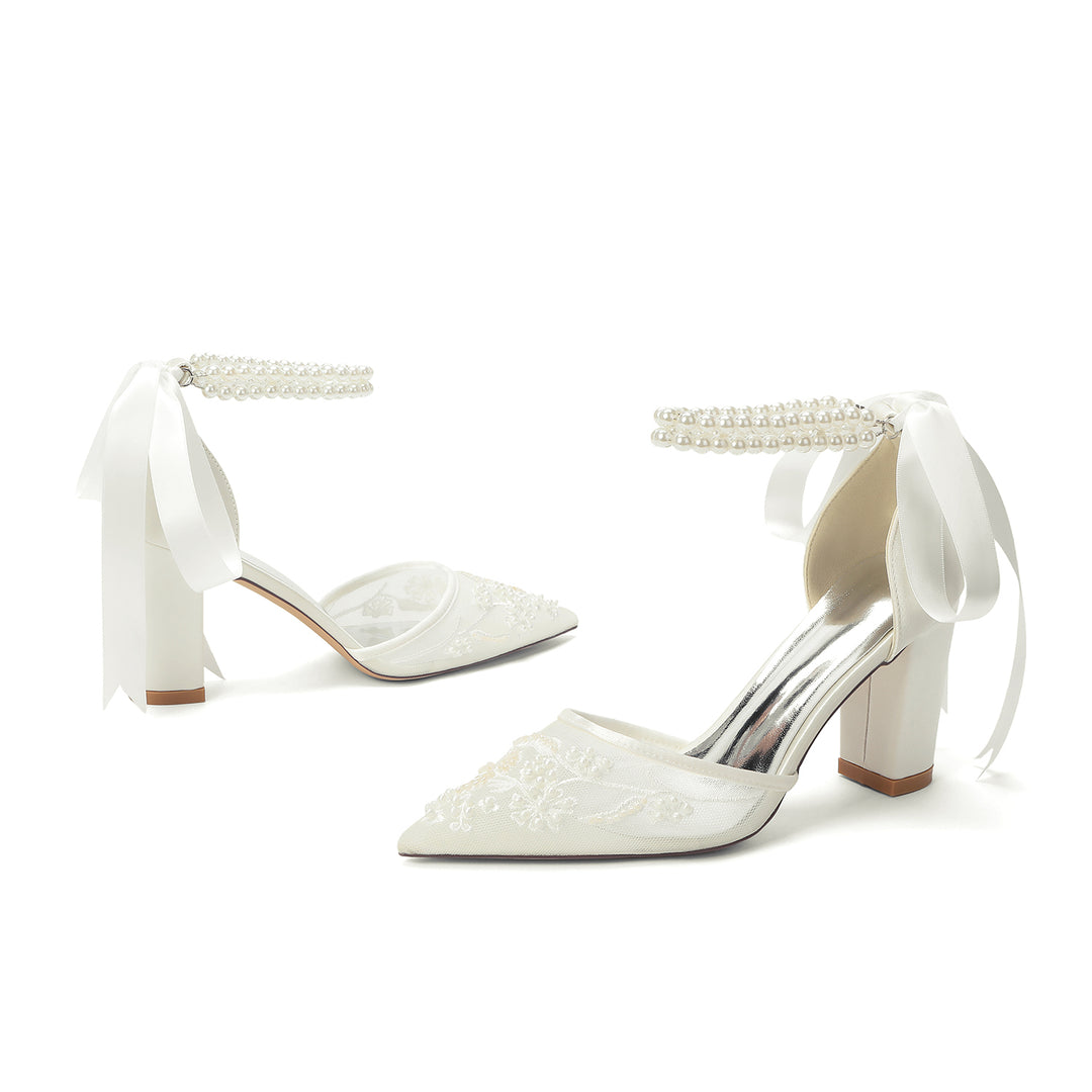 Women's Wedding Shoes Closed Toe High Heel High-End Buckle Bridal Shoes Beading with Pearl