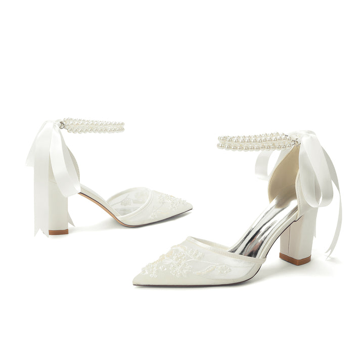 Women's Wedding Shoes Closed Toe High Heel High-End Buckle Bridal Shoes Beading with Pearl