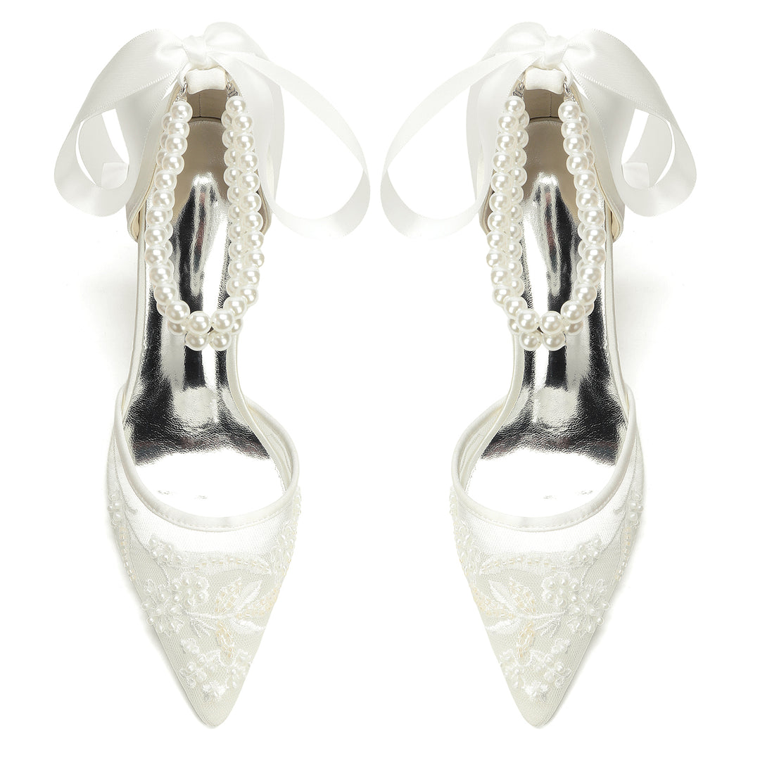 Women's Wedding Shoes Closed Toe High Heel High-End Buckle Bridal Shoes Beading with Pearl