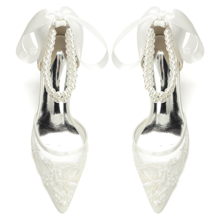 Women's Wedding Shoes Closed Toe High Heel High-End Buckle Bridal Shoes Beading with Pearl