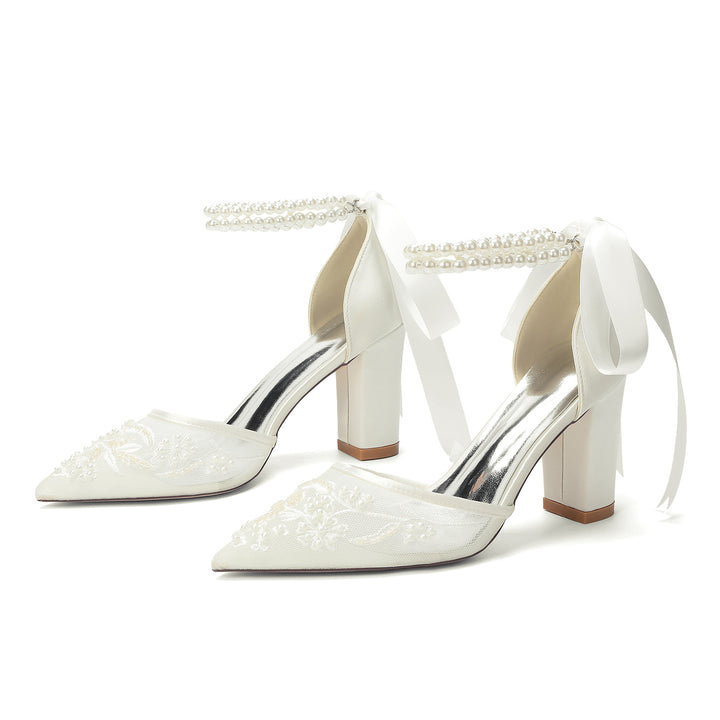 Women's Wedding Shoes Closed Toe High Heel High-End Buckle Bridal Shoes Beading with Pearl