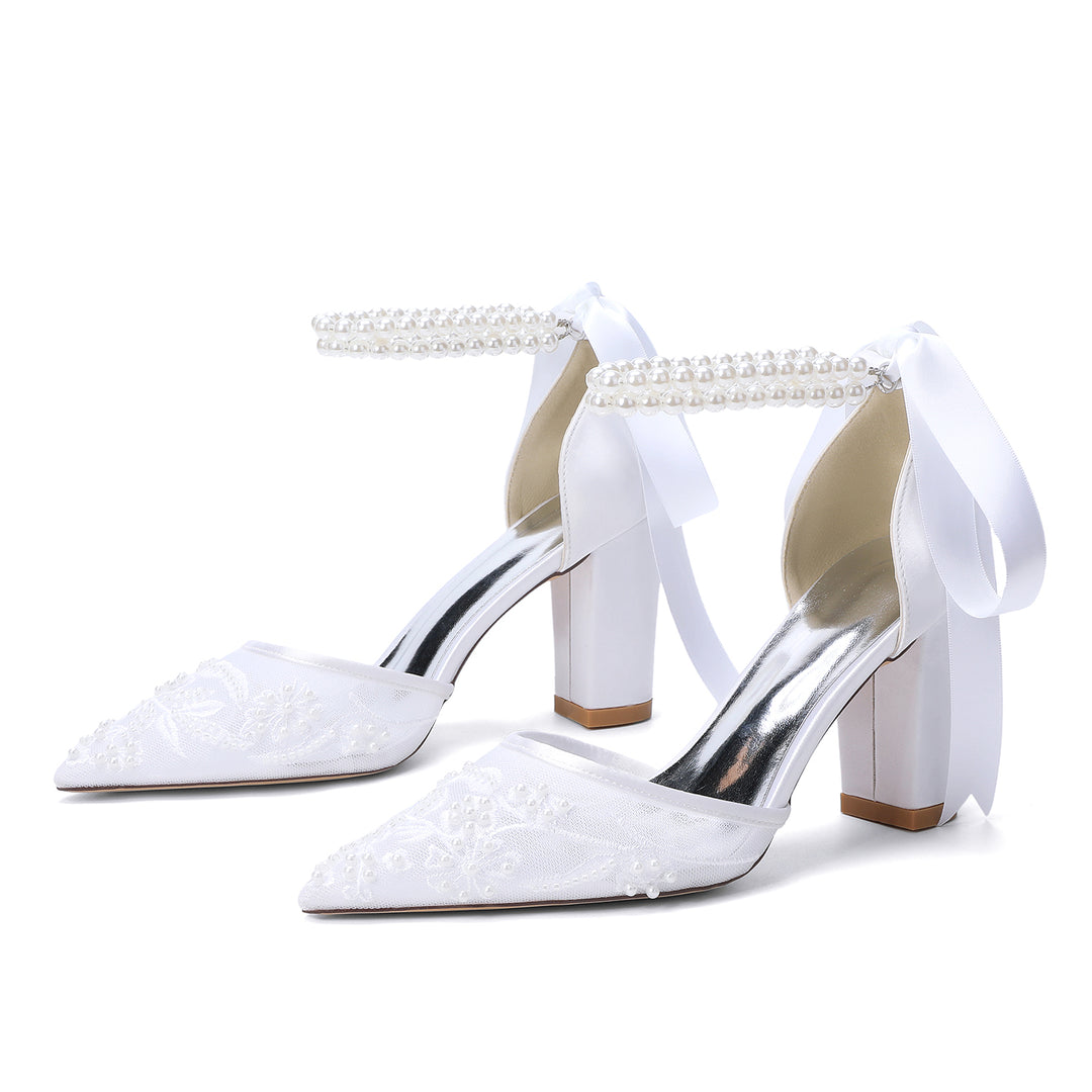 Women's Wedding Shoes Closed Toe High Heel High-End Buckle Bridal Shoes Beading with Pearl