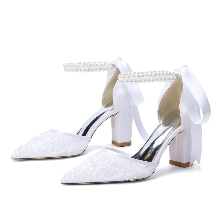 Women's Wedding Shoes Closed Toe High Heel High-End Buckle Bridal Shoes Beading with Pearl