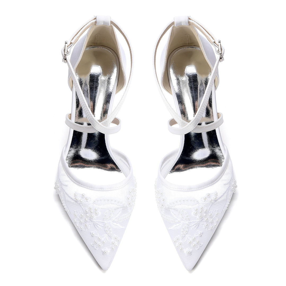 Women's Wedding Shoes Closed Toe High Heel High-End Buckle Bridal Shoes Crisscross Beading