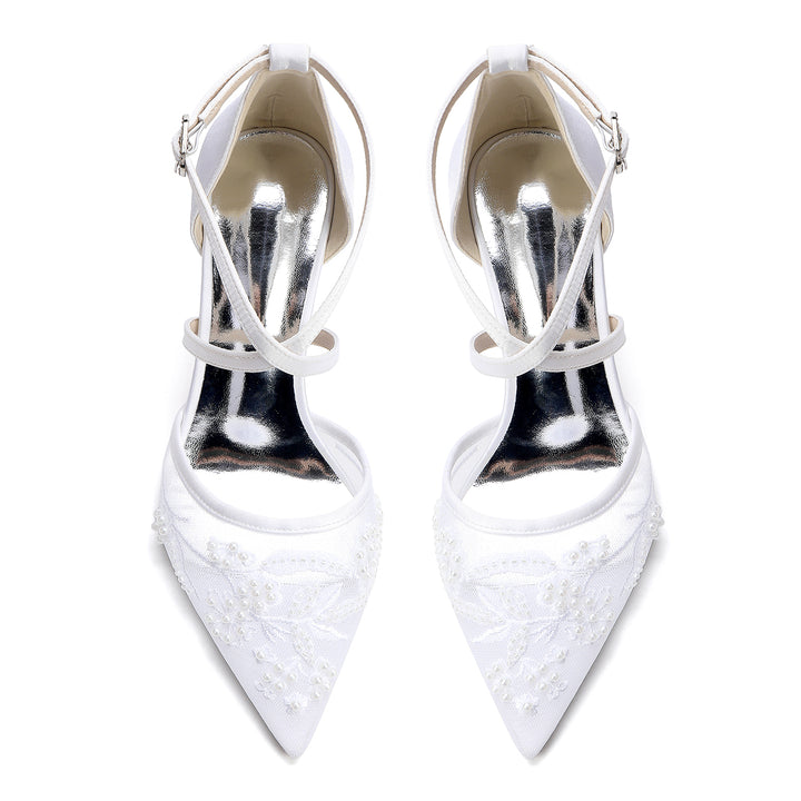 Women's Wedding Shoes Closed Toe High Heel High-End Buckle Bridal Shoes Crisscross Beading